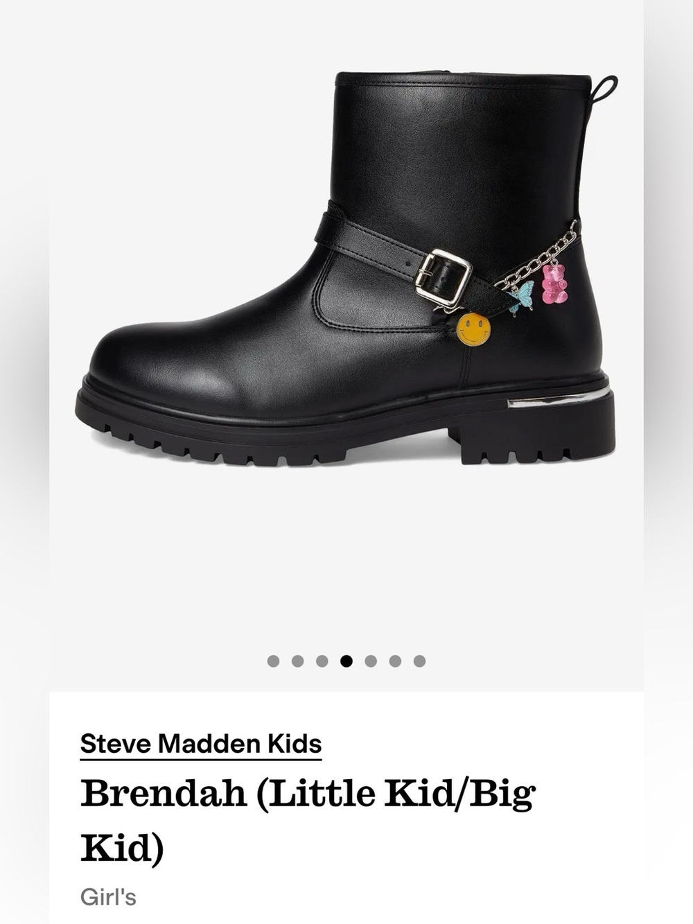 Steve Madden Kids Brendah Black Leather Buckle Ankle Boots with Charm Chain